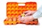 Small chicken in hands container background with eggs