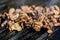 Small chicken meat pieces being grilled on a hot black metal barbeque at a street food market, soft focus
