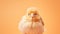 A small chicken sitting on top of a table, on peach fuzz background.