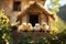 Small chickens against the background of spring nature on Easter, in a bright sunny day at a ranch in a village