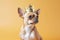 Small Chihuahua dog with crown on head on yellow background