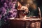 a small chihuahua sitting in a basket in front of purple flowers