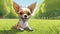 A small chihuahua sitting in a grassy field