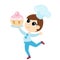 A small child boy runs and carries a huge tasty muffin in his hands. Cute character in cartoon flat style.