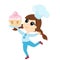 A small child girl runs and carries a huge tasty muffin in his hands. Cute character in cartoon flat style.