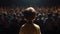 Small child gives a speech on stage in front of thousands people crowd, view from behind, neural network generated