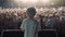 Small child gives a speech on stage in front of thousands people crowd, view from behind, neural network generated