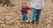 Small child plays with his mother in the autumn forest