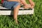 Small child sitting on a white crate on the lawn