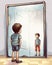 A small child standing in front of a large mirror examining how they look and what they can do as they explore the