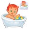Small child take a bath with a rubber duck