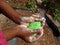 A small child washing hands with soap.