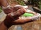 A small child washing hands with soap.