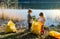 Small children collecting rubbish outdoors in nature, plogging concept.