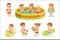 Small Children Having Fun In Water Of The Pool With Floats And Inflatable Toys In Colorful Swimsuit Collection Of Happy
