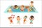 Small Children Having Fun In Water Of The Pool With Floats And Inflatable Toys In Colorful Swimsuit Set Of Happy Cute