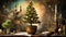 a small Christmas tree in a flowerpot on a table