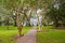 Small Church Down Brick Path Under Southern Trees