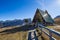 The small church at Giau pass, an alpine Dolomites pass at 2236 metres in Belluno province that connects the villages of Colle San