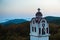 Small church in Greek coastal landscape at sunset, Sithonia