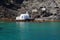 Small church at the hot springs on Palea Kameni Volcanic Island, Santorini.