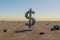 small cloud dollar symbol in large desert environment with sand dunes, hills and rocks laying arround business profit concept 3D