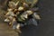 A small colony of sea shells on a plastic bottle on sand of the