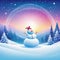 Small colorful illustration in the shape of a In the frame is a white landscape of a small Snowman on Winter Soft snow