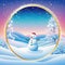 Small colorful illustration in the shape of a In the frame is a white landscape of a small Snowman on Winter Soft snow