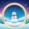 Small colorful illustration in the shape of a In the frame is a white landscape of a small Snowman on Winter Soft snow