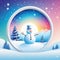 Small colorful illustration in the shape of a In the frame is a white landscape of a small Snowman on Winter Soft snow