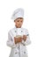 Small concentrated chef writes down a recipe or a menu. White background.