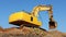 Small construction excavator performing leveling and terracing work for a path construction