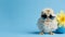 small Cool chick in sunglasses with Easter egg on blue background