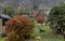 Small cottages in the middle of a garden between trees and bushes