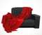 Small couch for two black leather trimmed draped red plaid interior object