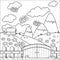 Small country house in the meadow and a wooden fence. Vector black and white coloring page.