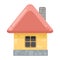 Small country house with orange walls and red roofs. Funny cartoon style. Country suburban village. Traditional simple