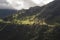 A small countryside iluminated by a sunbeam in middle of andean forest high mountain