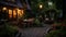 A small courtyard surrounded by greenery, simple patio furniture