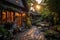 A small courtyard surrounded by greenery, simple patio furniture