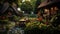 A small courtyard surrounded by greenery, simple patio furniture