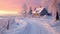 A small cozy, homely house in a village in the distance surrounded by a snow-covered landscape of beautiful nature in