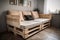 A small cozy sofa made from wooden recycled pallets in a home interior