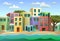 Small cozy town. Landscape on beach seashore. Sea surf waves. Homes and offices. Cartoon fun style. Flat design. Vector.