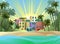 Small cozy town. Landscape on beach seashore. Sea surf waves. Palm trees and tropic jungle. Homes and offices. Cartoon