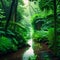 A small creek flows through a lush green tropical rainforest. Panorama. Generative AI