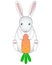 A small, cute, cartoon rabbit eating a big orange carrot. White funny hare with a carrot. Easter Bunny - children`s vector illustr