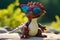 Small cute dinosaur toy wearing sunglasses on rock outdoor. Generative AI