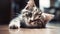 A small cute fluffy tabby kitten lies on the floor in the room. A pet in a city apartment. Love for animals, care and